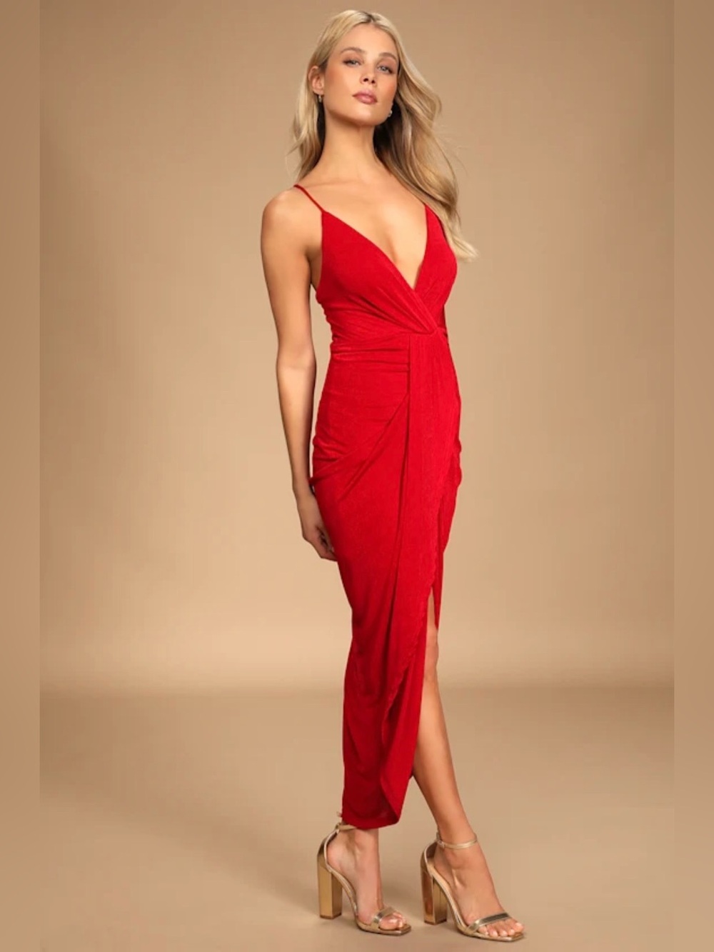 Lulus Dreamy Date Red Surplice Midi Dress SM